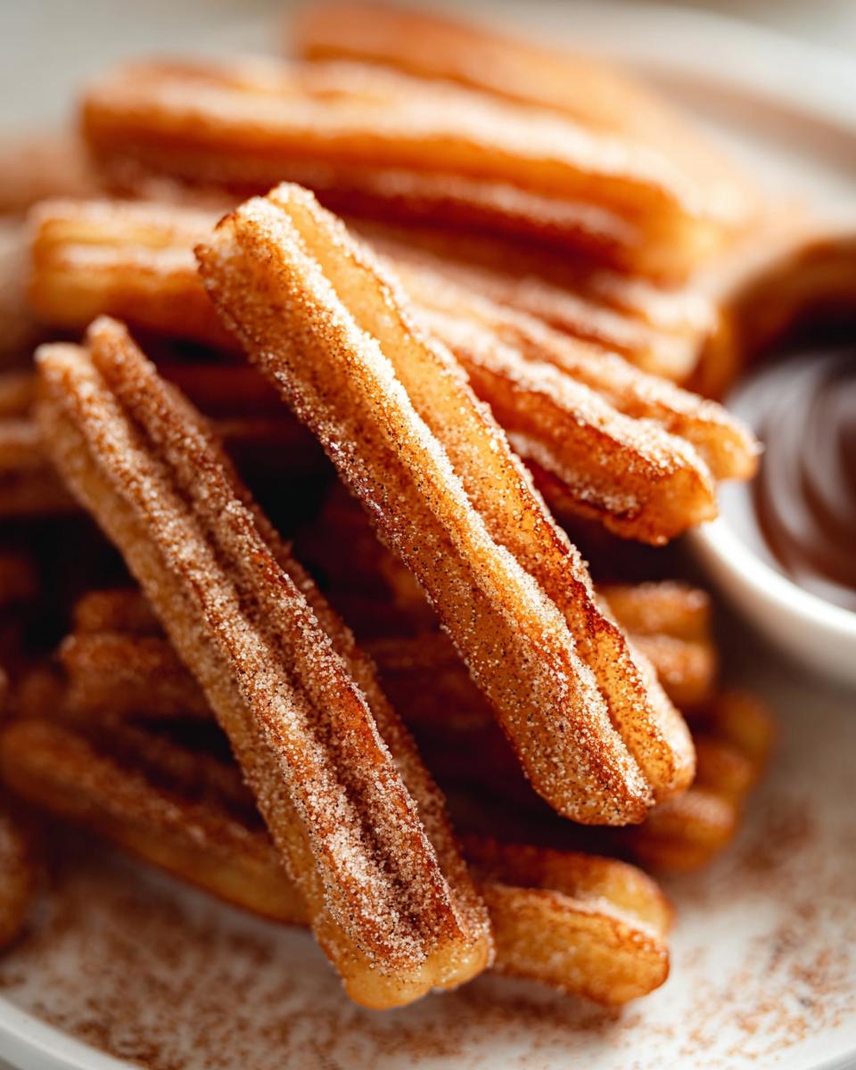 Close-up of Irresistible Spanish Churro Pancakes dusted with cinnamon sugar, served with a side of chocolate dipping sauce.