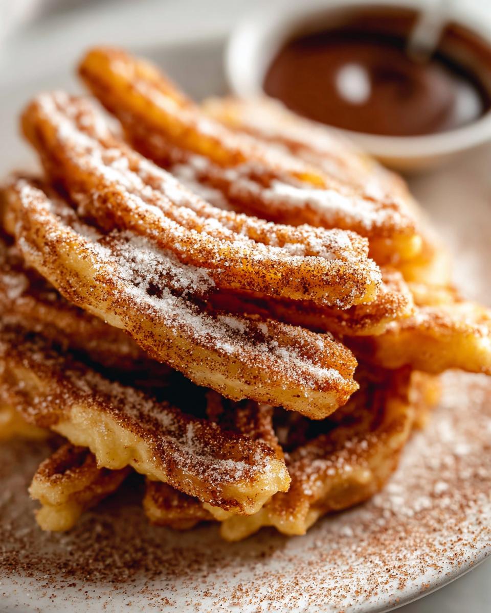 A close-up shot of a stack of Irresistible Spanish Churro Pancakes dusted with powdered sugar and cinnamon, with a small bowl of chocolate sauce in the background.