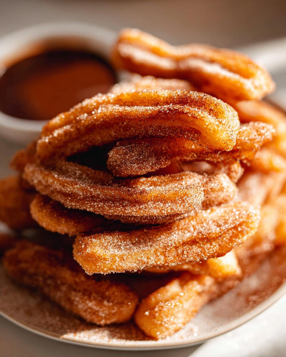 A close-up of a stack of Irresistible Spanish Churro Pancakes, coated in cinnamon sugar, with a side of chocolate sauce.
