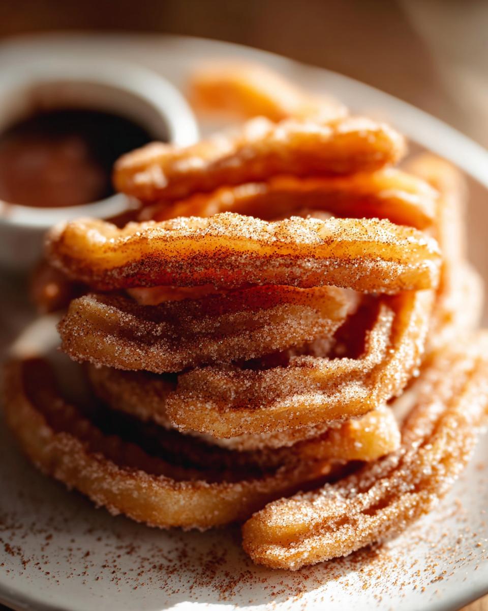 A close-up stack of Irresistible Spanish Churro Pancakes, coated in cinnamon sugar, with a small dish of chocolate sauce in the background.