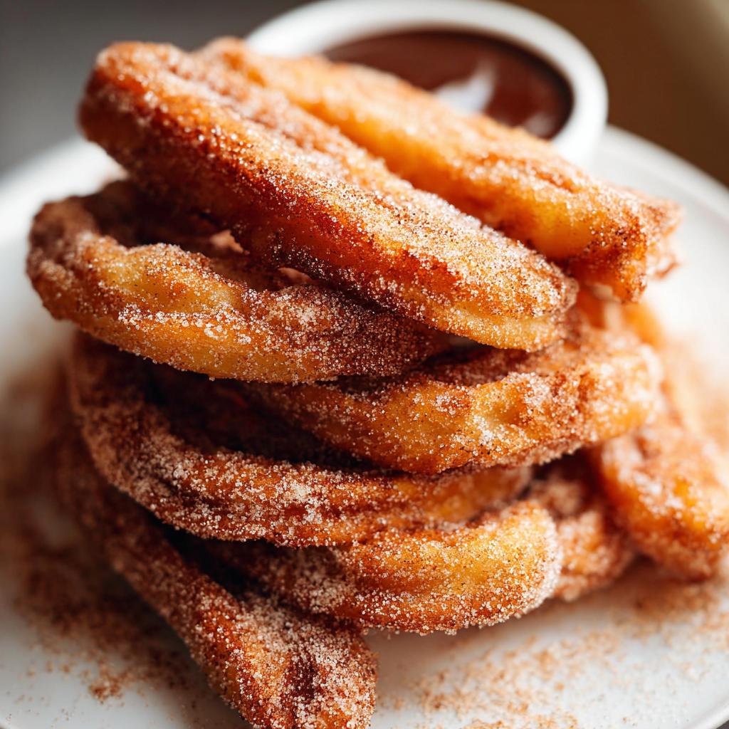 A close-up stack of Irresistible Spanish Churro Pancakes, coated in cinnamon sugar, with a small bowl of chocolate sauce in the background.