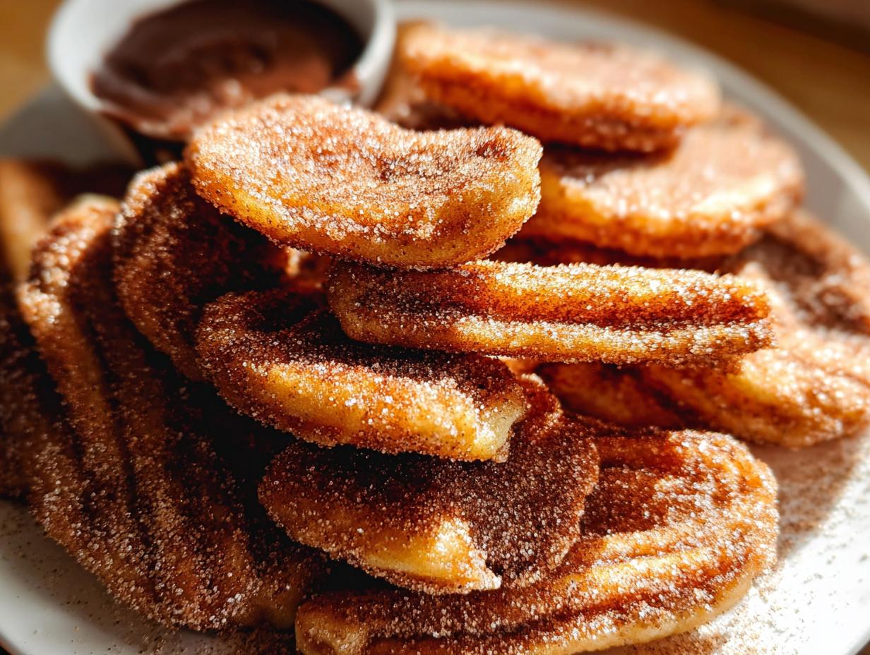 A close-up of a stack of Irresistible Spanish Churro Pancakes, coated in cinnamon sugar, with a small bowl of chocolate dip in the background.