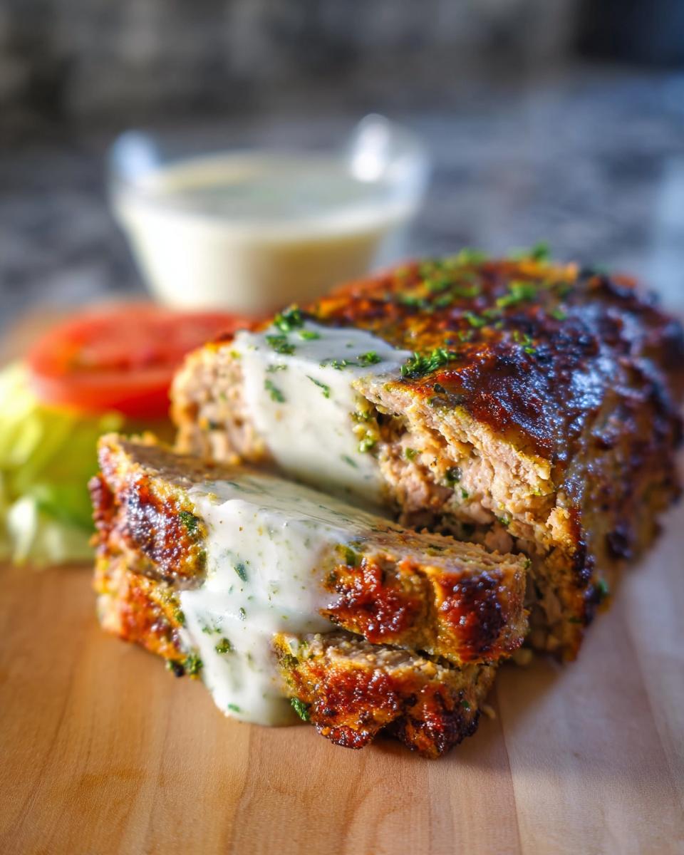 A close-up of a sliced Juicy Garlic Parmesan Chicken Meatloaf, drizzled with sauce and garnished with parsley.