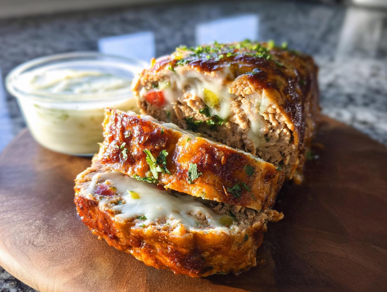 A close-up of a slice of Juicy Garlic Parmesan Chicken Meatloaf, showing melted cheese and a glaze.