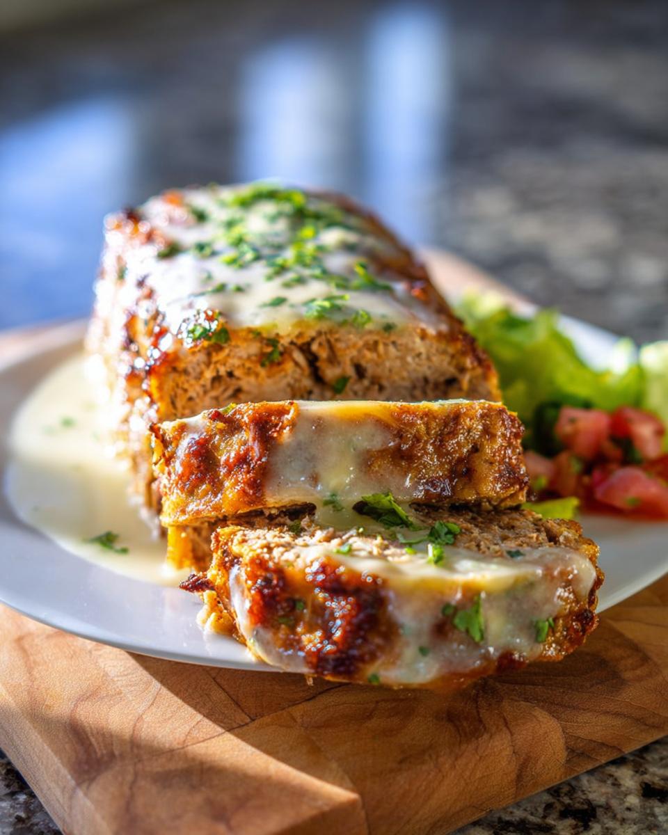 A close-up of sliced Juicy Garlic Parmesan Chicken Meatloaf, drizzled with sauce and topped with parsley.