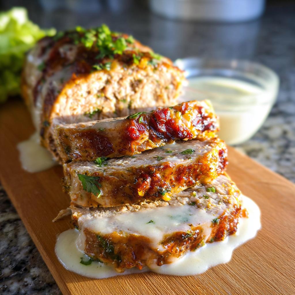 Close-up of sliced Juicy Garlic Parmesan Chicken Meatloaf, drizzled with sauce and garnished with parsley.