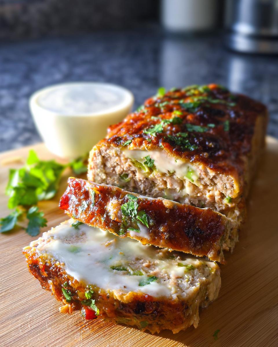 Close-up of sliced Juicy Garlic Parmesan Chicken Meatloaf with melted cheese and herbs.