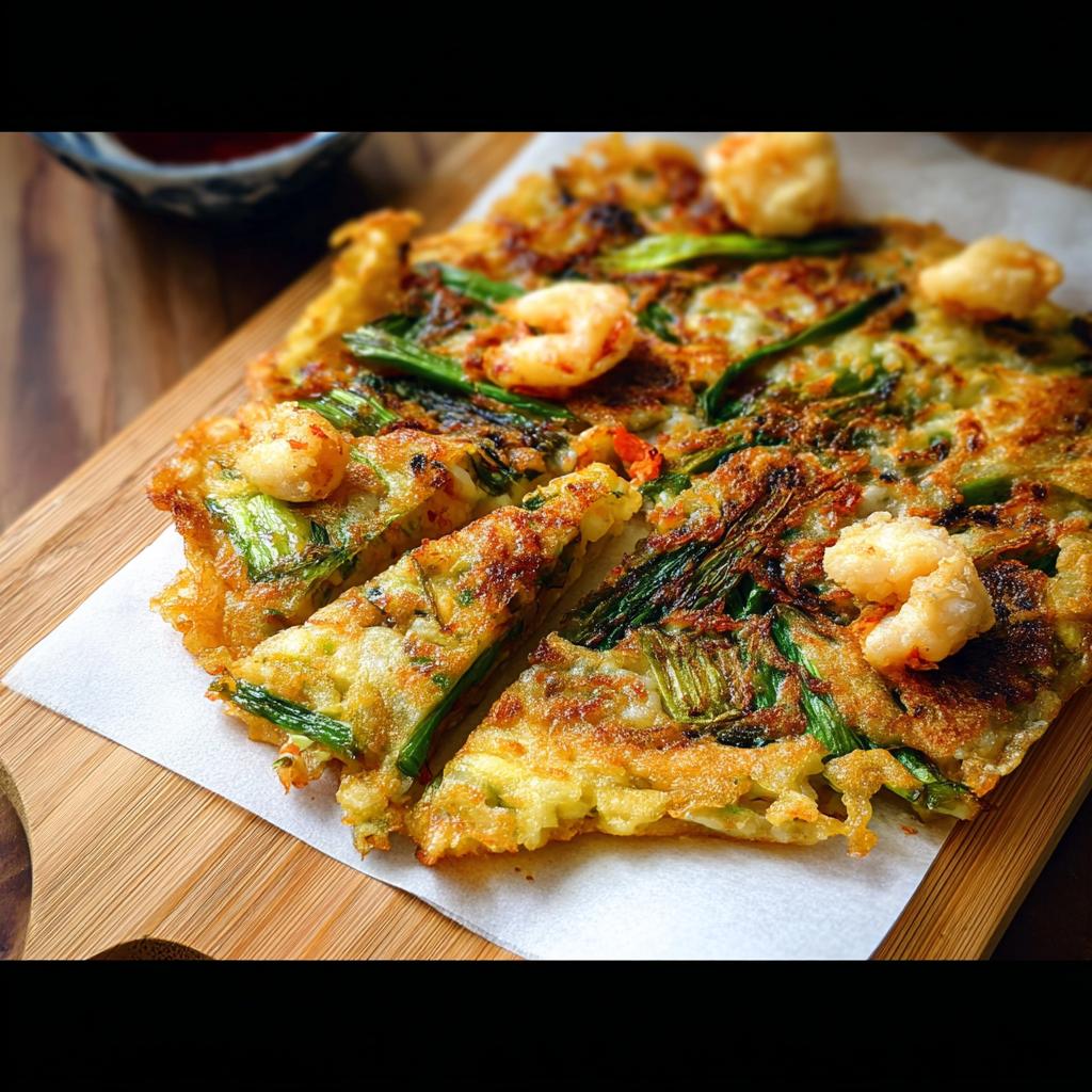 A close-up of a freshly made Korean Pancake (Pajeon) with visible shrimp and green onions, sliced and ready to serve.
