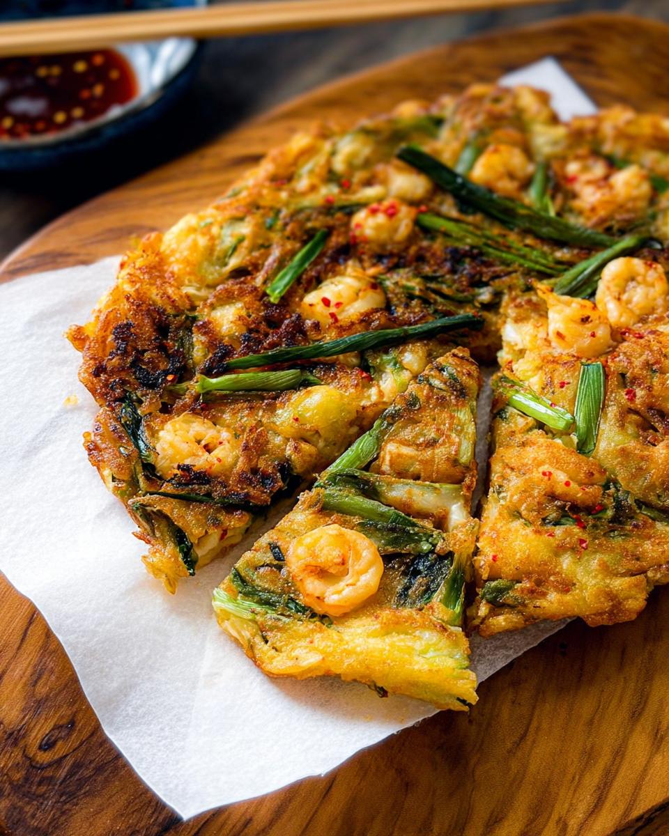 A close-up of a freshly made Korean Pancake (Pajeon) topped with shrimp and green onions, sliced and ready to eat.