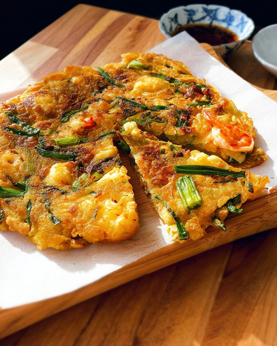 A close-up of golden-brown Korean Pancakes (Pajeon) with visible shrimp and green onions, sliced and served on a wooden board.