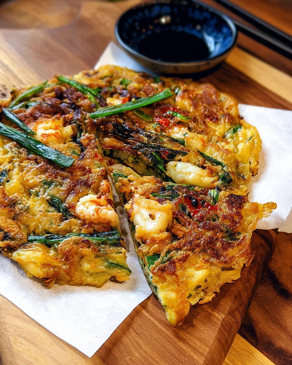 A close-up of a sliced Korean Pancake (Pajeon) with visible shrimp and green onions, served on a wooden board.