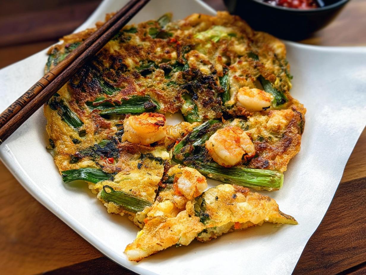 A close-up of a freshly cooked Korean pancake (Pajeon) topped with shrimp and green onions, served on a white plate with chopsticks.