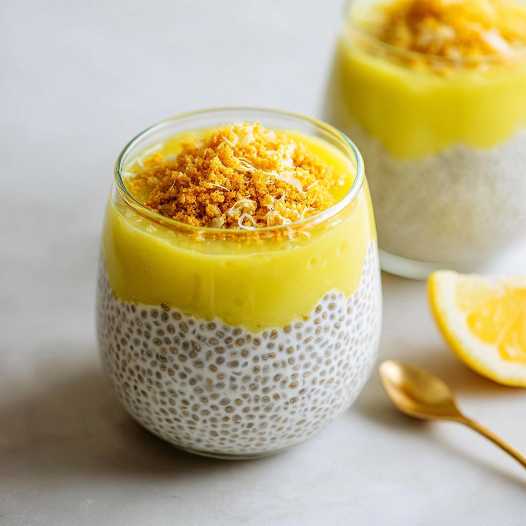 A close-up of a glass filled with Lemon Cream Chia Pudding, topped with a bright yellow lemon layer and crunchy crumble.