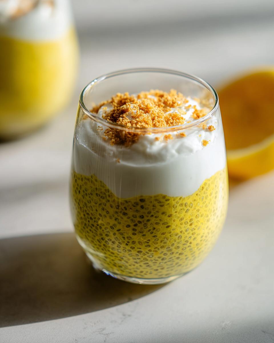 A refreshing Lemon Cream Chia Pudding layered in a glass, topped with cream and crumble.