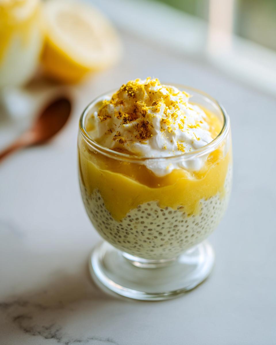 A glass of Lemon Cream Chia Pudding topped with whipped cream and lemon zest.