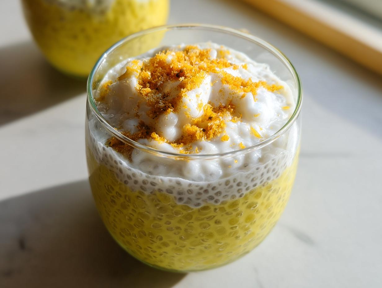A close-up of a glass filled with vibrant yellow Lemon Cream Chia Pudding, topped with creamy white coconut and a sprinkle of zest.