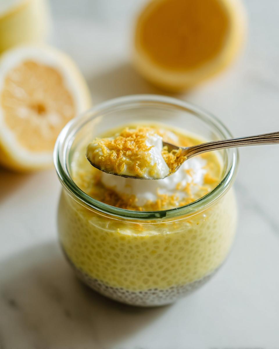 A spoonful of creamy Lemon Cream Chia Pudding topped with whipped cream and lemon zest.