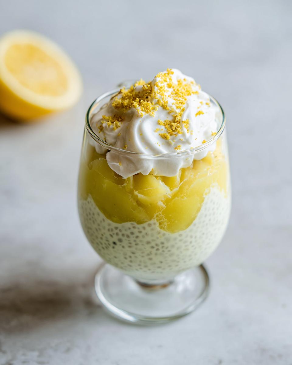 A close-up of Lemon Cream Chia Pudding in a glass, topped with whipped cream and lemon zest.