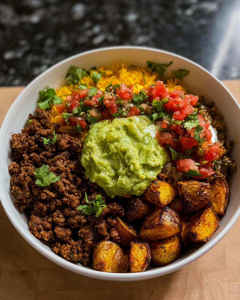 A vibrant Loaded Potato Taco Bowl filled with seasoned ground beef, roasted potatoes, rice, pico de gallo, and guacamole.