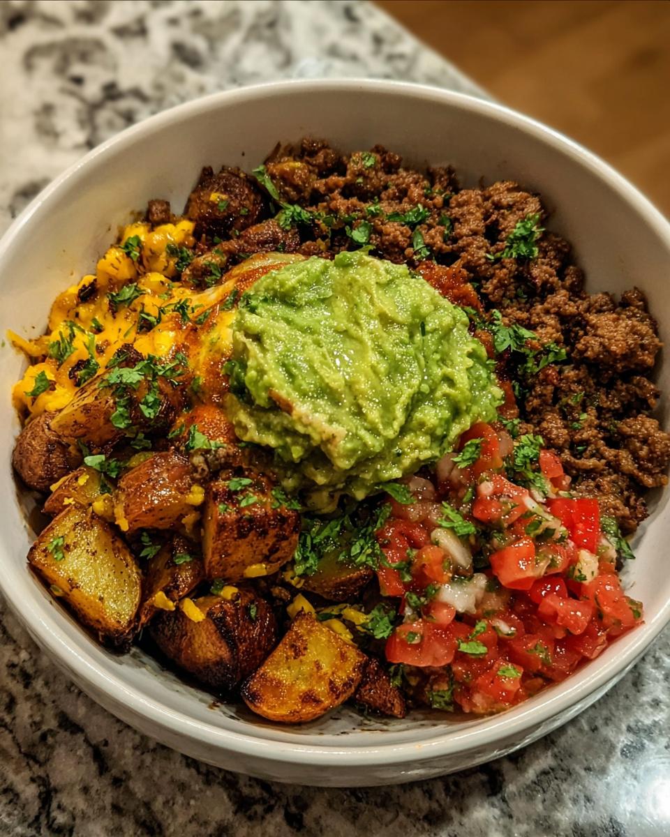 A delicious Loaded Potato Taco Bowl featuring seasoned ground beef, roasted potatoes, melted cheese, fresh guacamole, and pico de gallo.
