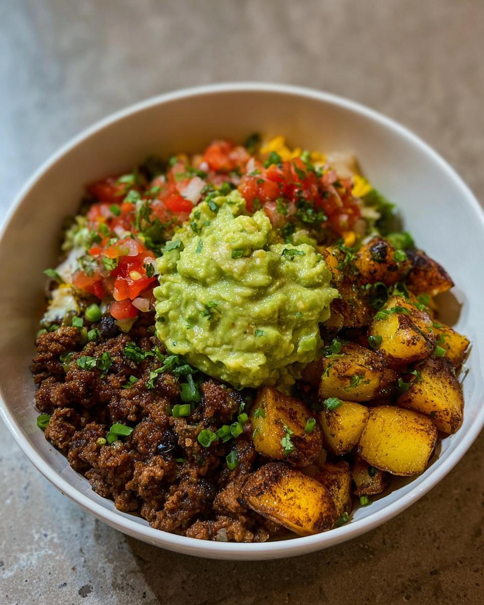 A delicious Loaded Potato Taco Bowl filled with seasoned ground beef, crispy potatoes, pico de gallo, and guacamole.