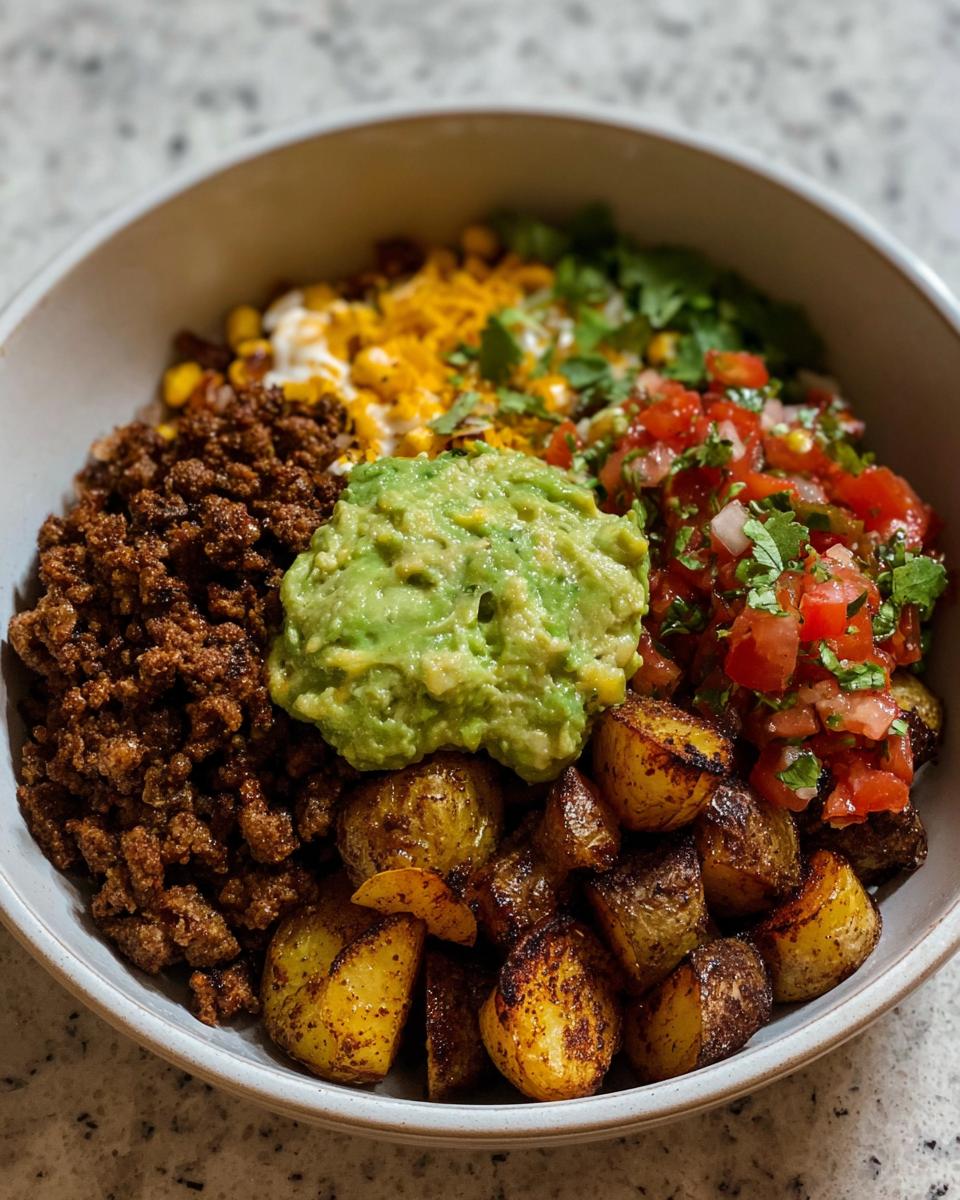 A delicious Loaded Potato Taco Bowl featuring seasoned ground beef, roasted potatoes, guacamole, pico de gallo, corn, cheese, and sour cream.