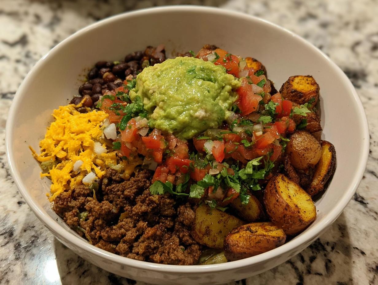 A delicious Loaded Potato Taco Bowl filled with seasoned ground beef, black beans, shredded cheese, pico de gallo, guacamole, and roasted potatoes.