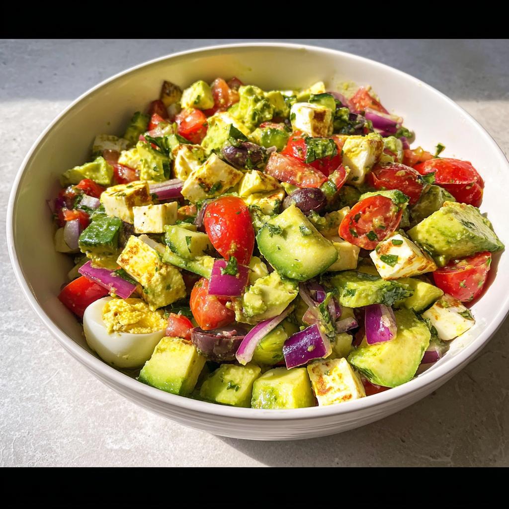 A close-up of a bowl filled with Simple & Zesty Mediterranean Avocado Egg Salad, featuring chunks of avocado, tomatoes, olives, red onion, and feta cheese.