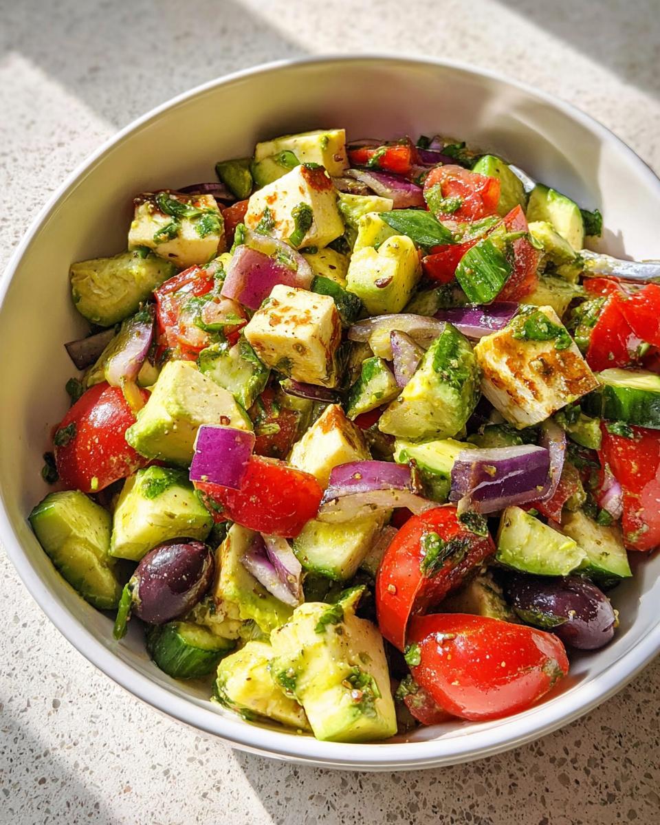 A bowl of Simple & Zesty Mediterranean Avocado Egg Salad with avocado, tomatoes, cucumber, red onion, olives, and cheese.