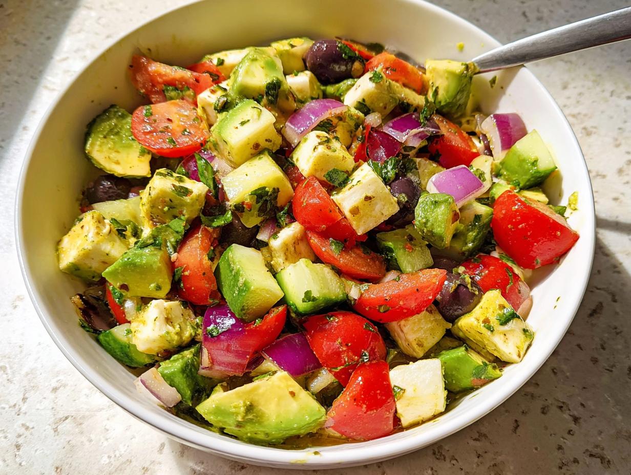 A bowl of Simple & Zesty Mediterranean Avocado Egg Salad with diced avocado, tomatoes, olives, red onion, and feta cheese.