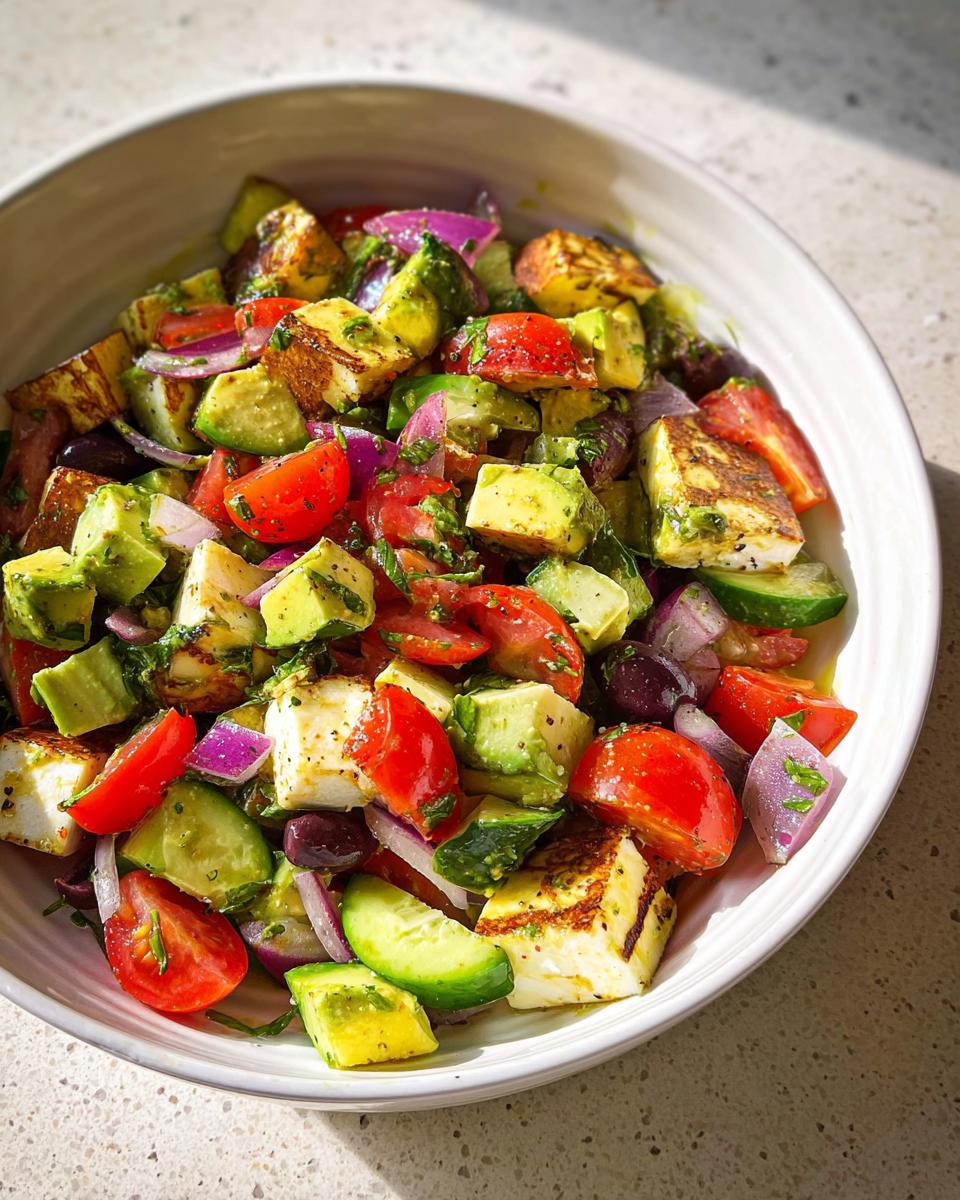 A vibrant bowl of Simple & Zesty Mediterranean Avocado Egg Salad with grilled halloumi, avocado, tomatoes, cucumber, and red onion.