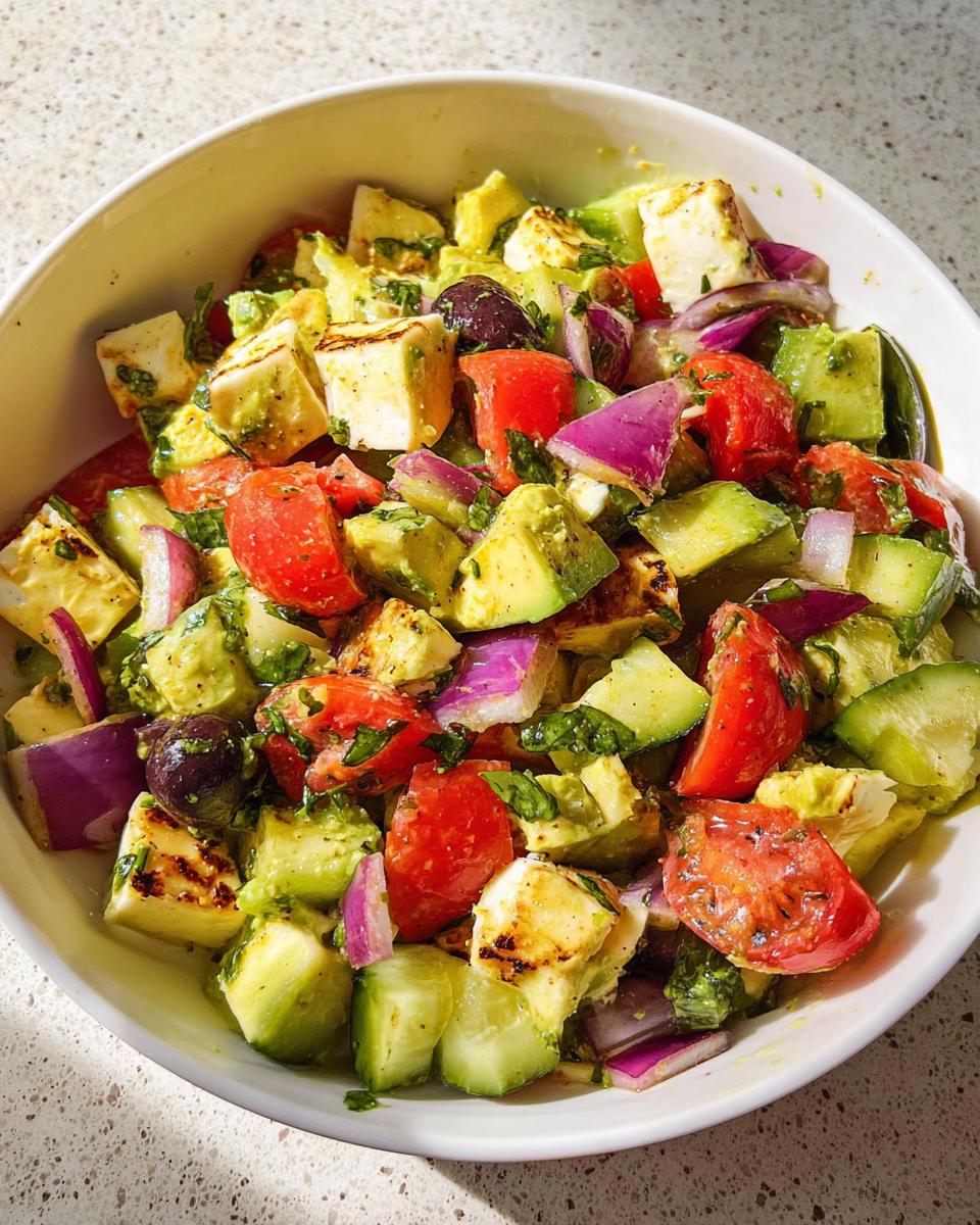 A bowl of Simple & Zesty Mediterranean Avocado Egg Salad with grilled halloumi, avocado, tomatoes, cucumber, red onion, and olives.