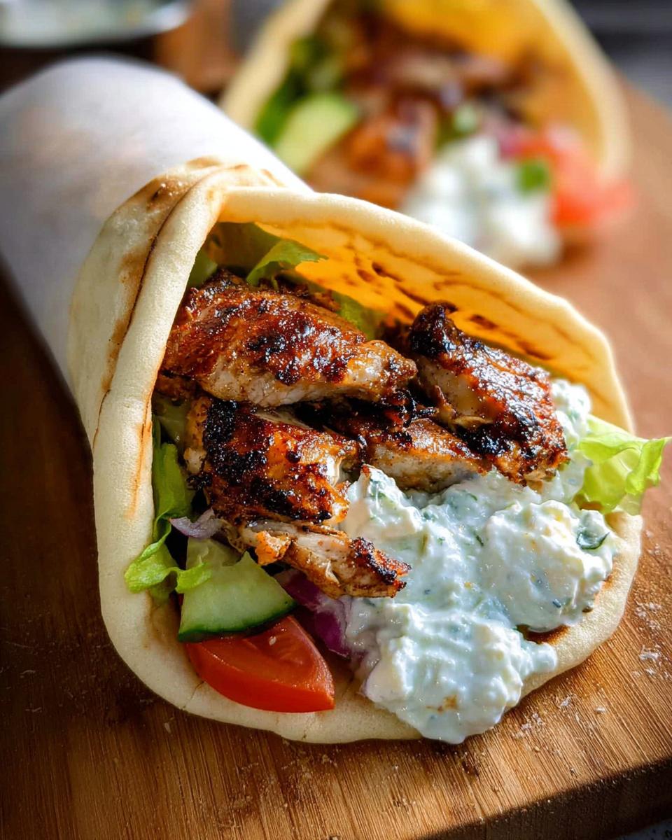 Close-up of a delicious Mediterranean Chicken Gyro filled with grilled chicken, lettuce, tomato, cucumber, red onion, and creamy feta tzatziki.