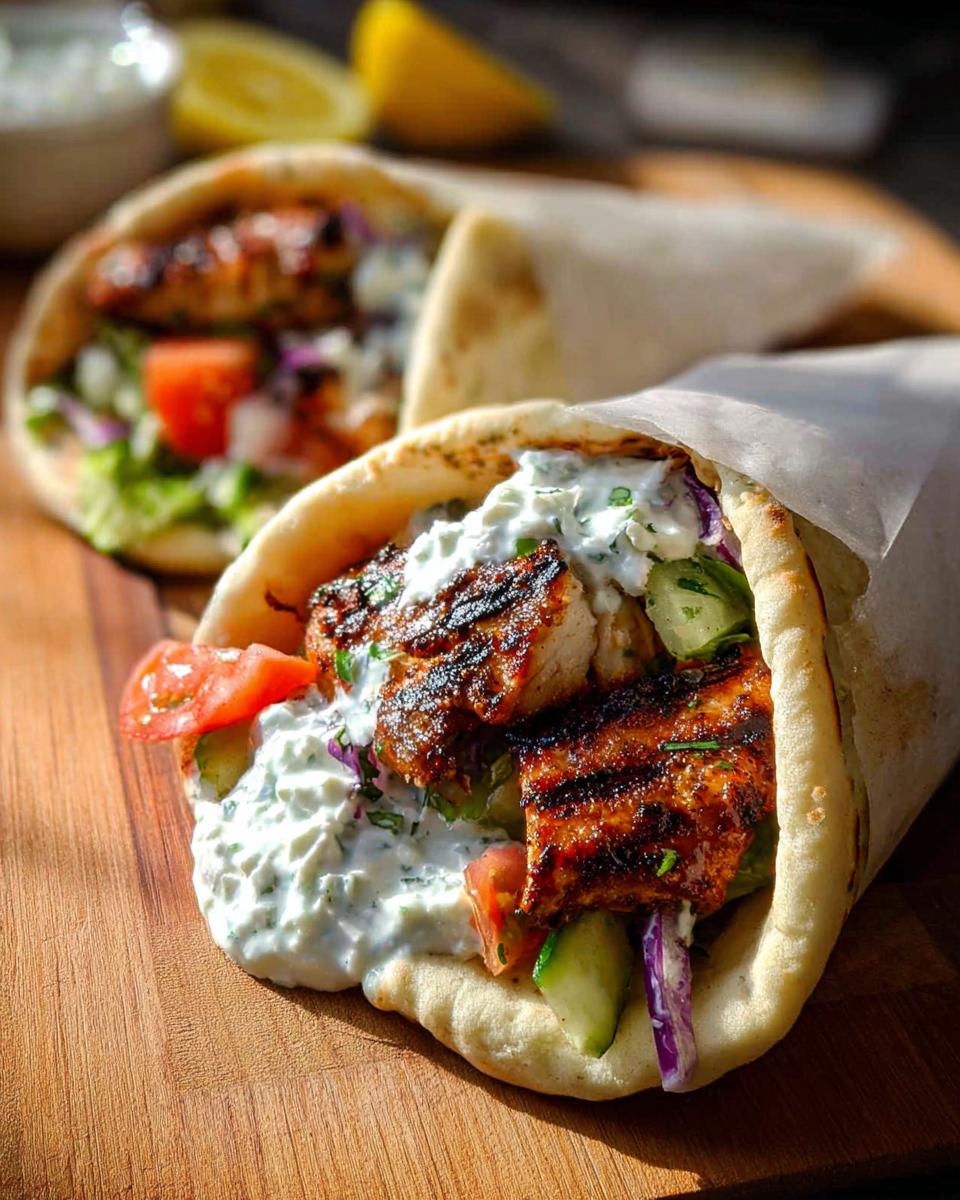 Close-up of a Mediterranean Chicken Gyro filled with grilled chicken, creamy feta tzatziki, tomatoes, cucumbers, and red onion.