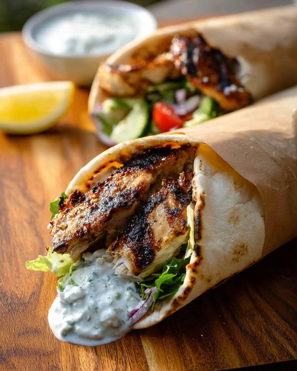 Close-up of a Mediterranean Chicken Gyro filled with grilled chicken, lettuce, tomato, onion, and creamy feta tzatziki sauce.