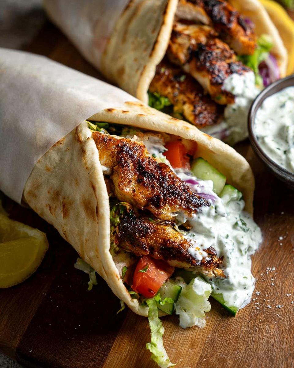 Two delicious Mediterranean Chicken Gyros stuffed with grilled chicken, lettuce, tomato, cucumber, red onion, and creamy feta tzatziki.