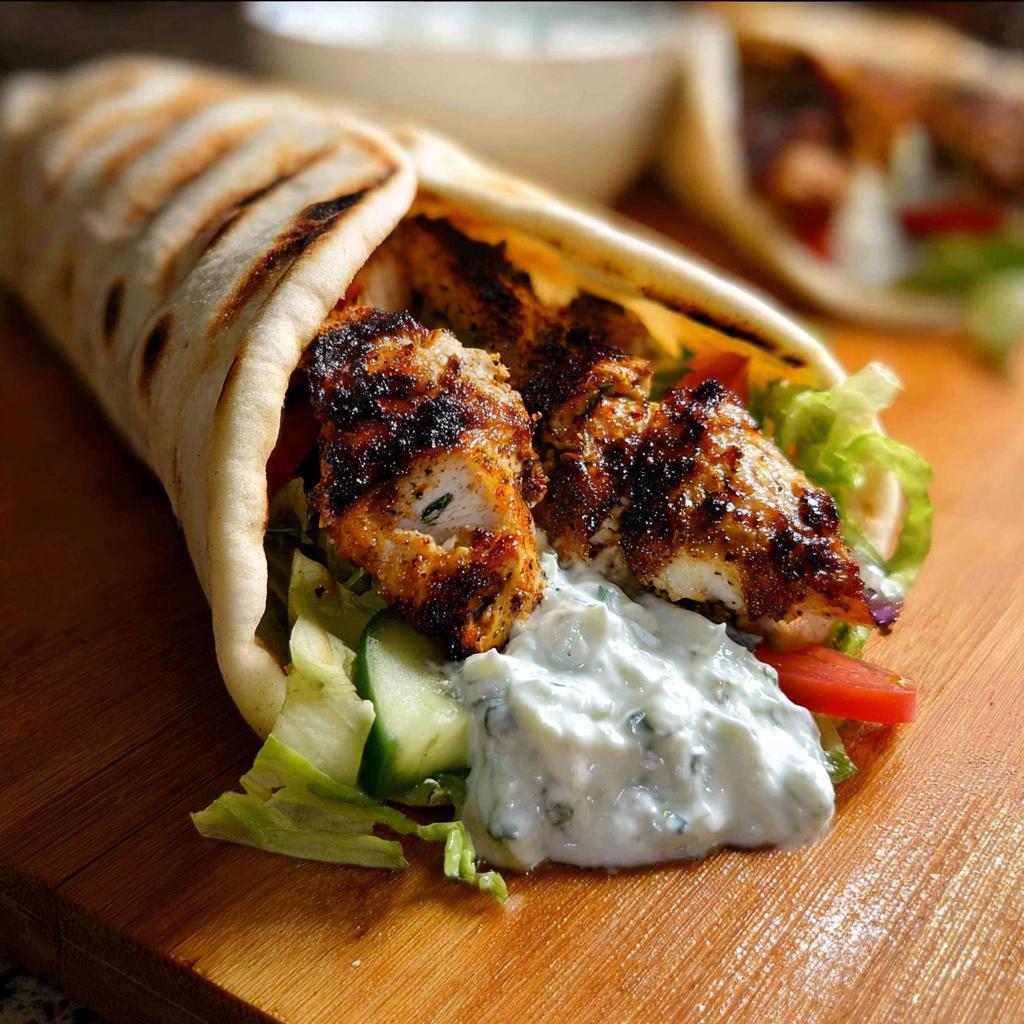 A delicious Mediterranean Chicken Gyro filled with grilled chicken, fresh lettuce, cucumber, tomato, and creamy feta tzatziki.