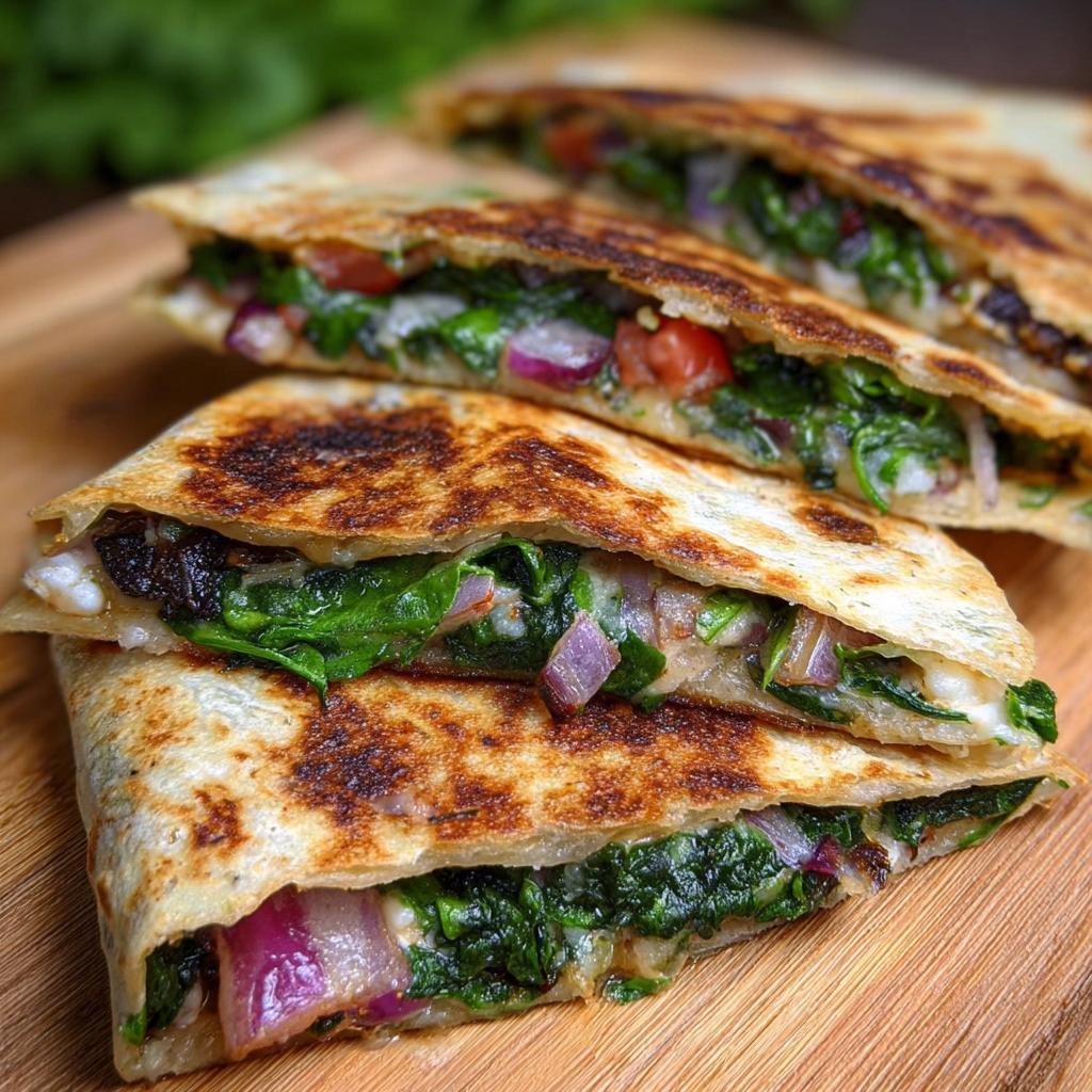 Close-up of stacked Mediterranean Quesadillas with spinach, feta, mozzarella, and red onion filling.