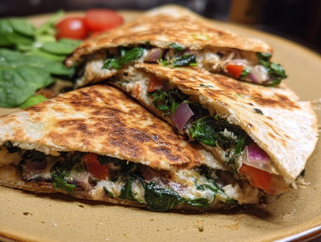 Close-up of Mediterranean Quesadillas filled with spinach, feta, mozzarella, and red onion, served with a side of fresh spinach and cherry tomatoes.