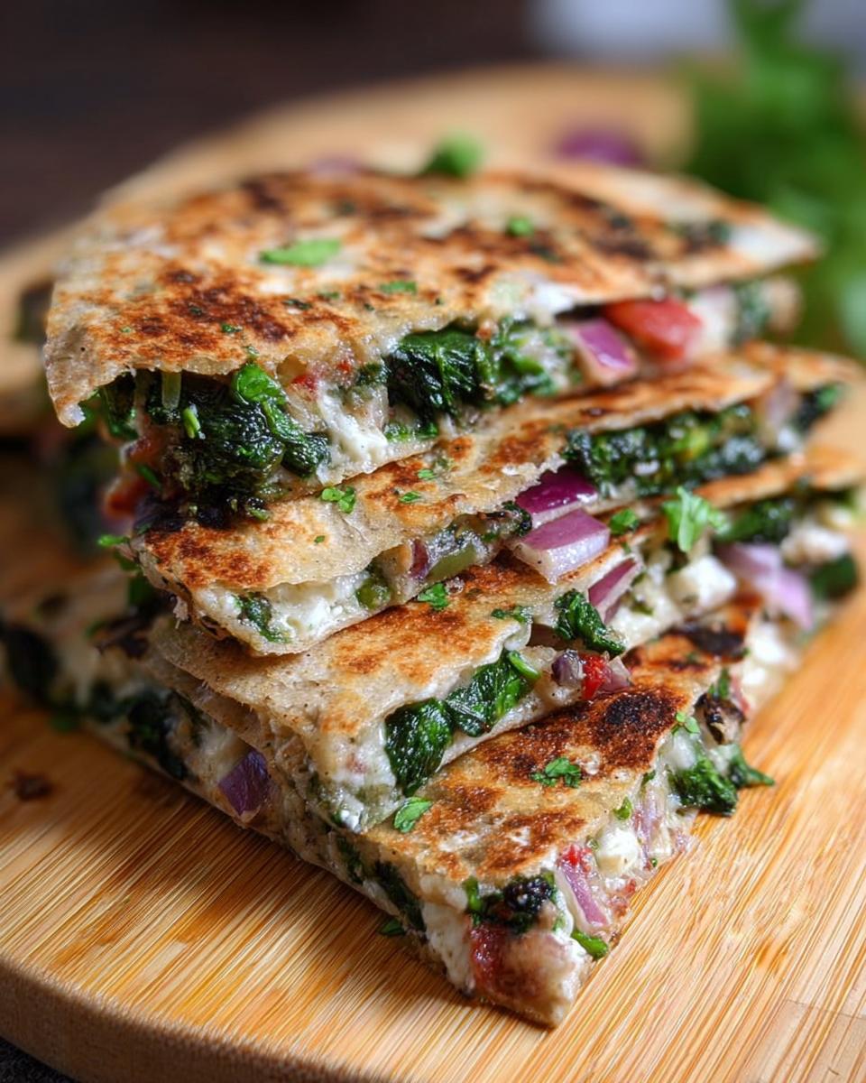 A stack of three Mediterranean quesadillas filled with spinach, feta, mozzarella, and red onion, sliced and ready to eat.