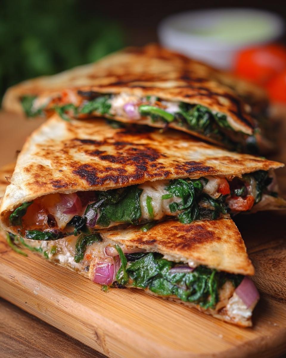 Close-up of Mediterranean quesadillas filled with spinach, feta, mozzarella, and red onion, grilled to golden perfection.