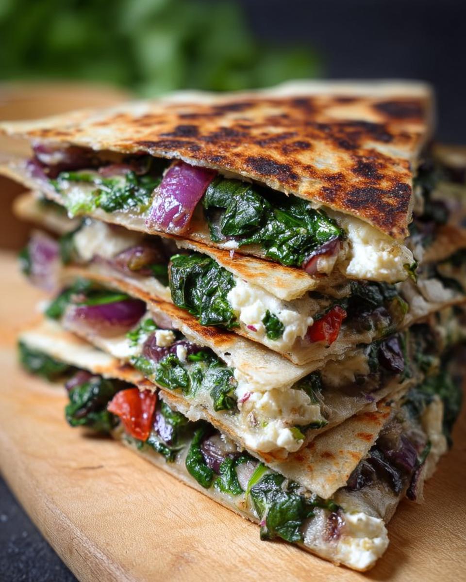 Stack of Mediterranean Quesadillas with spinach, feta, mozzarella, and red onion, cut into wedges.