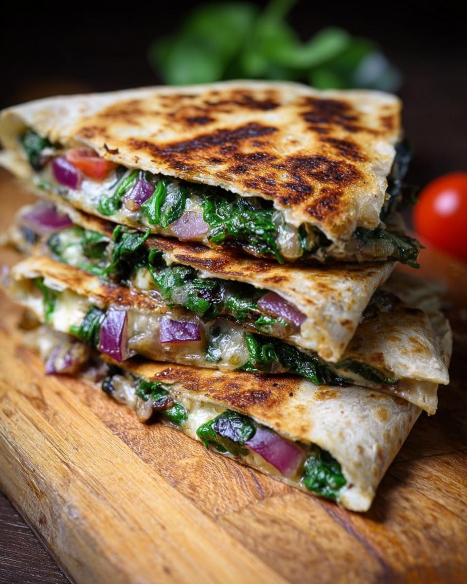 Stack of Mediterranean Quesadillas filled with spinach, feta, mozzarella, and red onion, grilled to golden perfection.