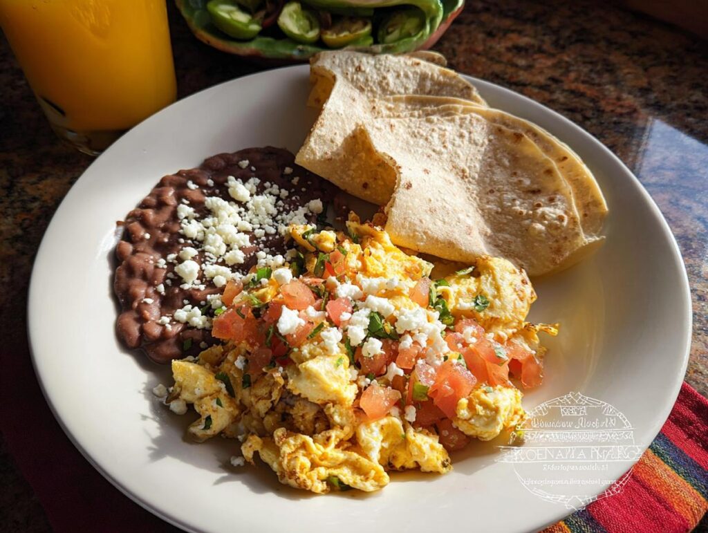 A plate of scrambled Mexican eggs topped with tomatoes and cheese, served with refried beans and tortillas.