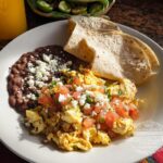 A plate of scrambled Mexican eggs topped with tomatoes and cheese, served with refried beans and tortillas.