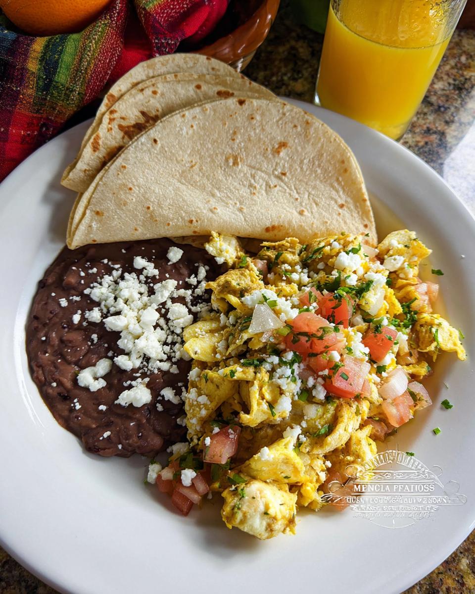 A plate of Mexican Eggs scrambled with tomatoes and onions, topped with cheese and cilantro, served with refried beans and tortillas.