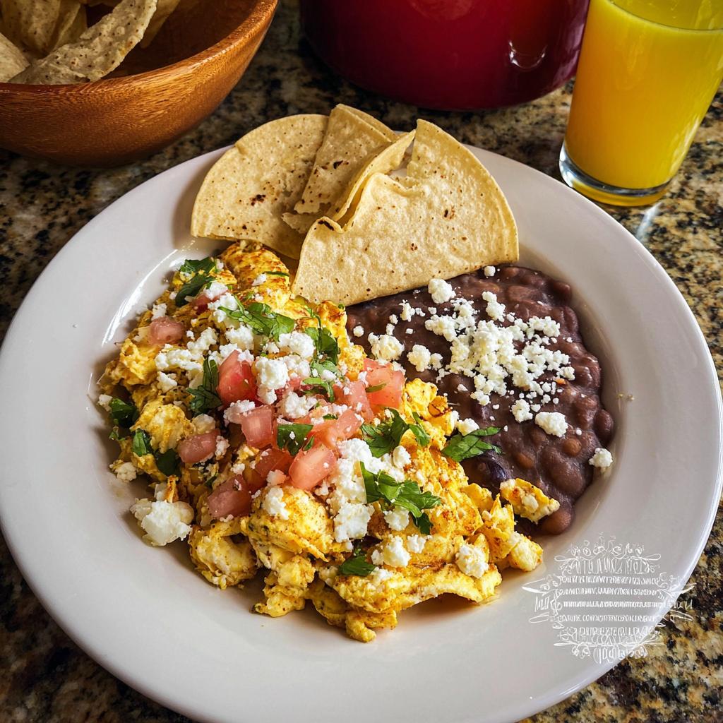 A vibrant plate of Mexican Eggs scrambled with cheese, topped with tomatoes and cilantro, served with refried beans and tortillas.