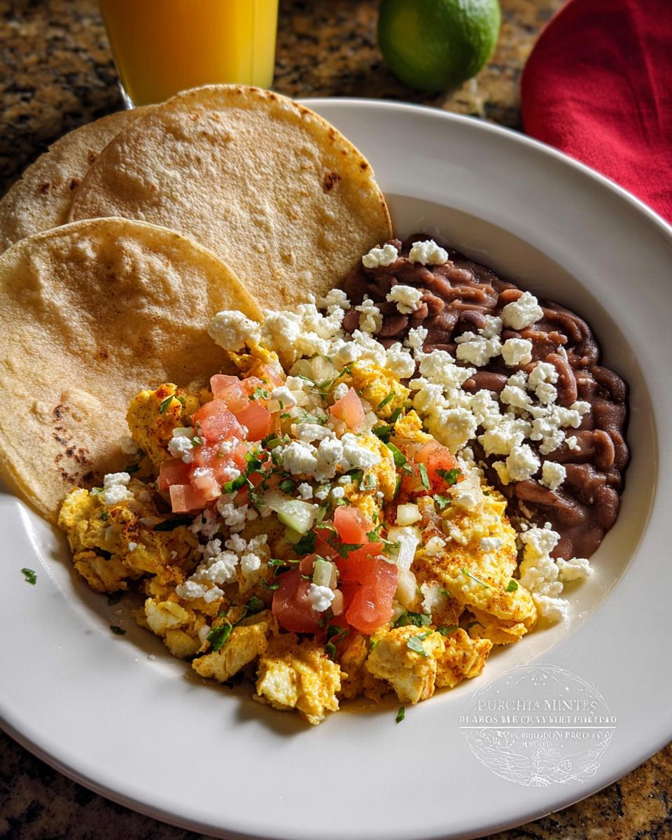 A plate of scrambled Mexican eggs topped with crumbled cheese and pico de gallo, served with refried beans and tortillas.