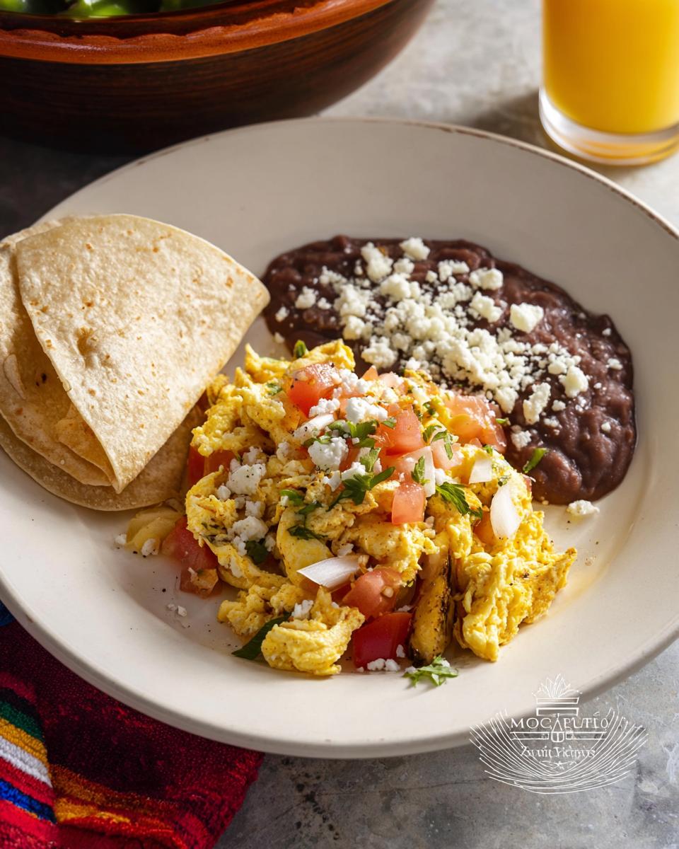 A plate of scrambled Mexican Eggs with diced tomatoes, onions, cilantro, crumbled cheese, refried beans, and tortillas.
