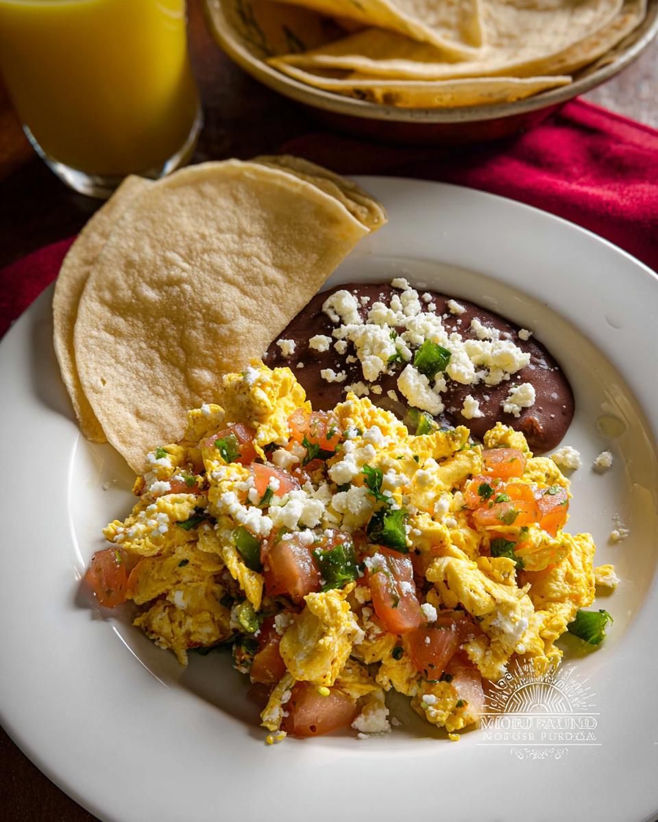 A plate of scrambled Mexican Eggs with diced tomatoes, jalapeños, and crumbled queso fresco, served with refried beans and tortillas.